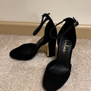 Lulu's Black and Gold Ankle Strap Heels